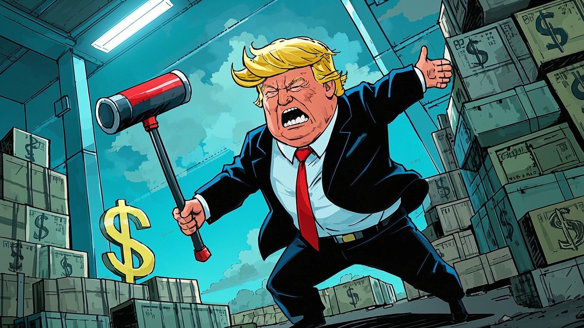 漫画丑化特朗普挥关税大棒(2) 漫画丑化特朗普挥关税大棒(2)